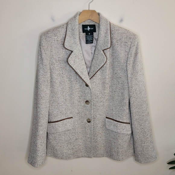 Vintage 90s Hunt Club | Beige Tweed Wool Blend Blazer with Brown Trim Size 8 - Picture 1 of 5